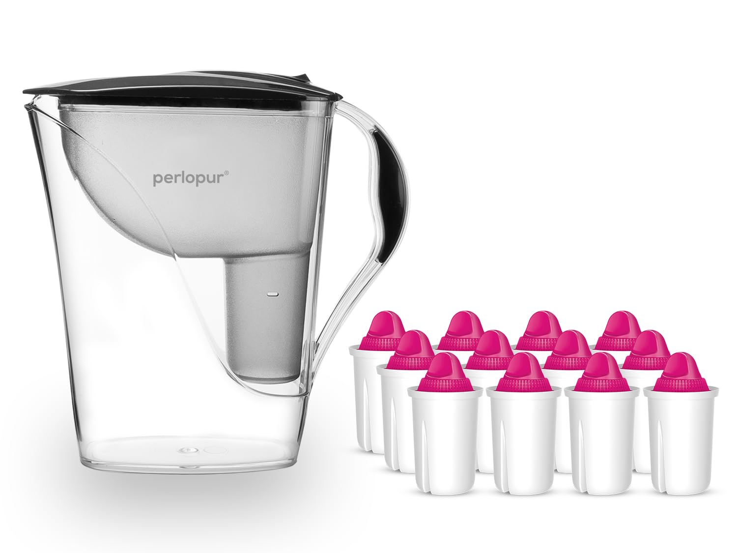 PearlCo - Filtr do wody Fashion (antracyt) z 12 wkładami filtrującymi AquaMag Classic (magnez) – pasuje do Brita Classic
