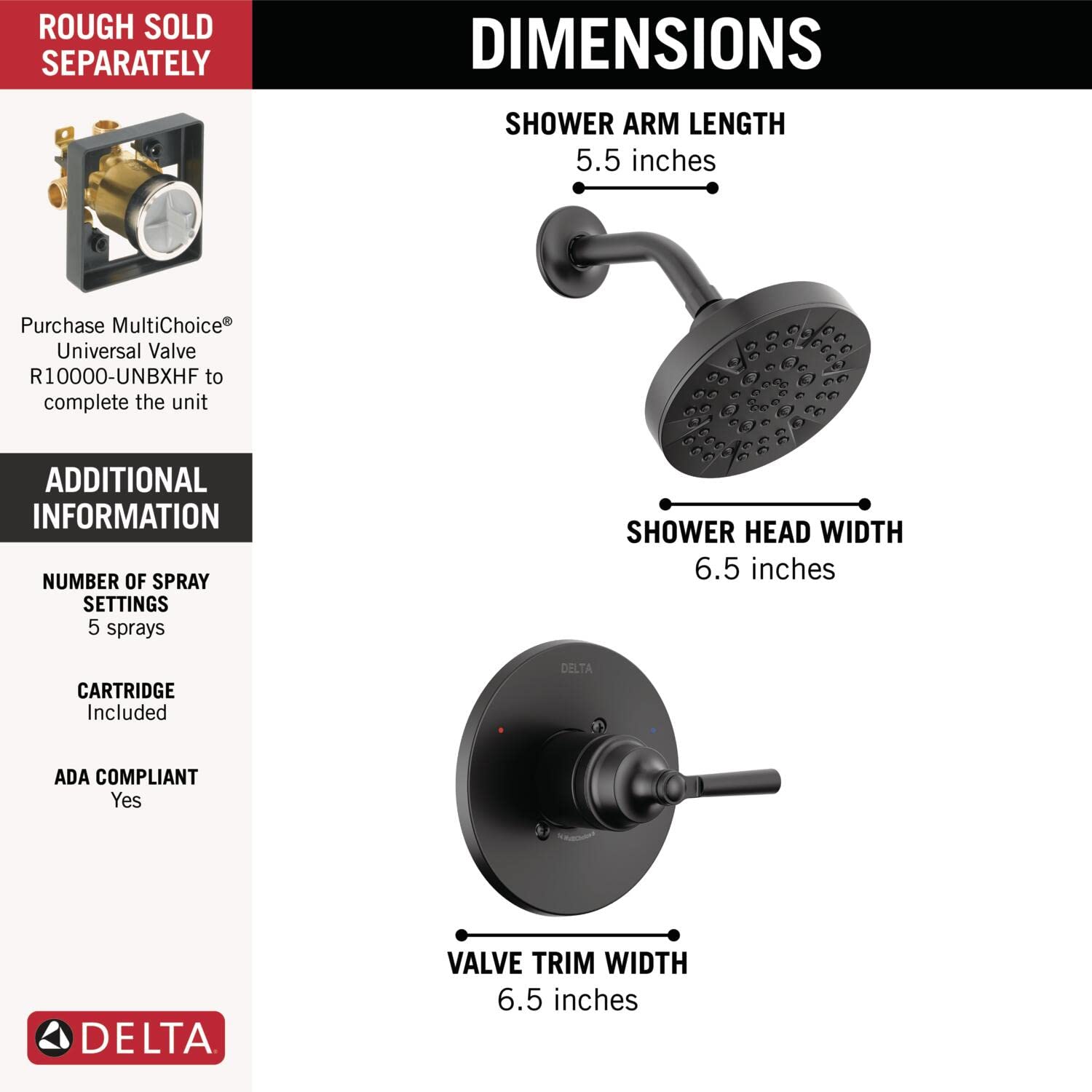 Delta Faucet Saylor 14 Series Black Shower Valve Trim Kit, Delta Shower System, Shower Faucet Set, Black Shower Fixture, Shower Head and Handle Set, Matte Black T14235-BL (Valve Not Included)