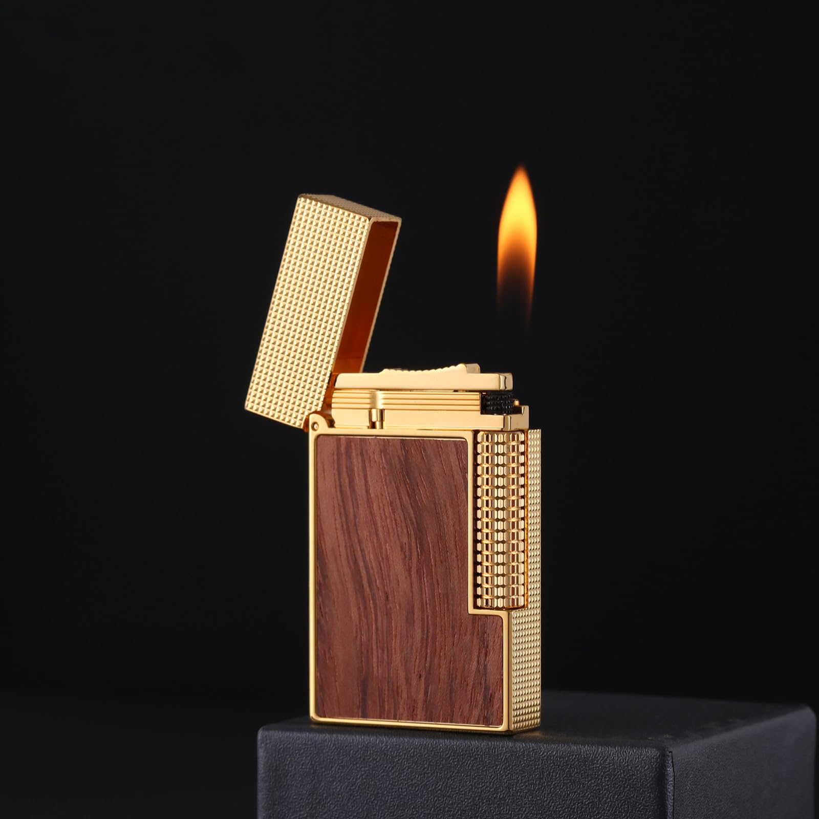 Mechero de butano, diseño de grano de madera exquisitamente tallada, encendedor de gabardina de encendido lateral para hombres, para coleccionistas