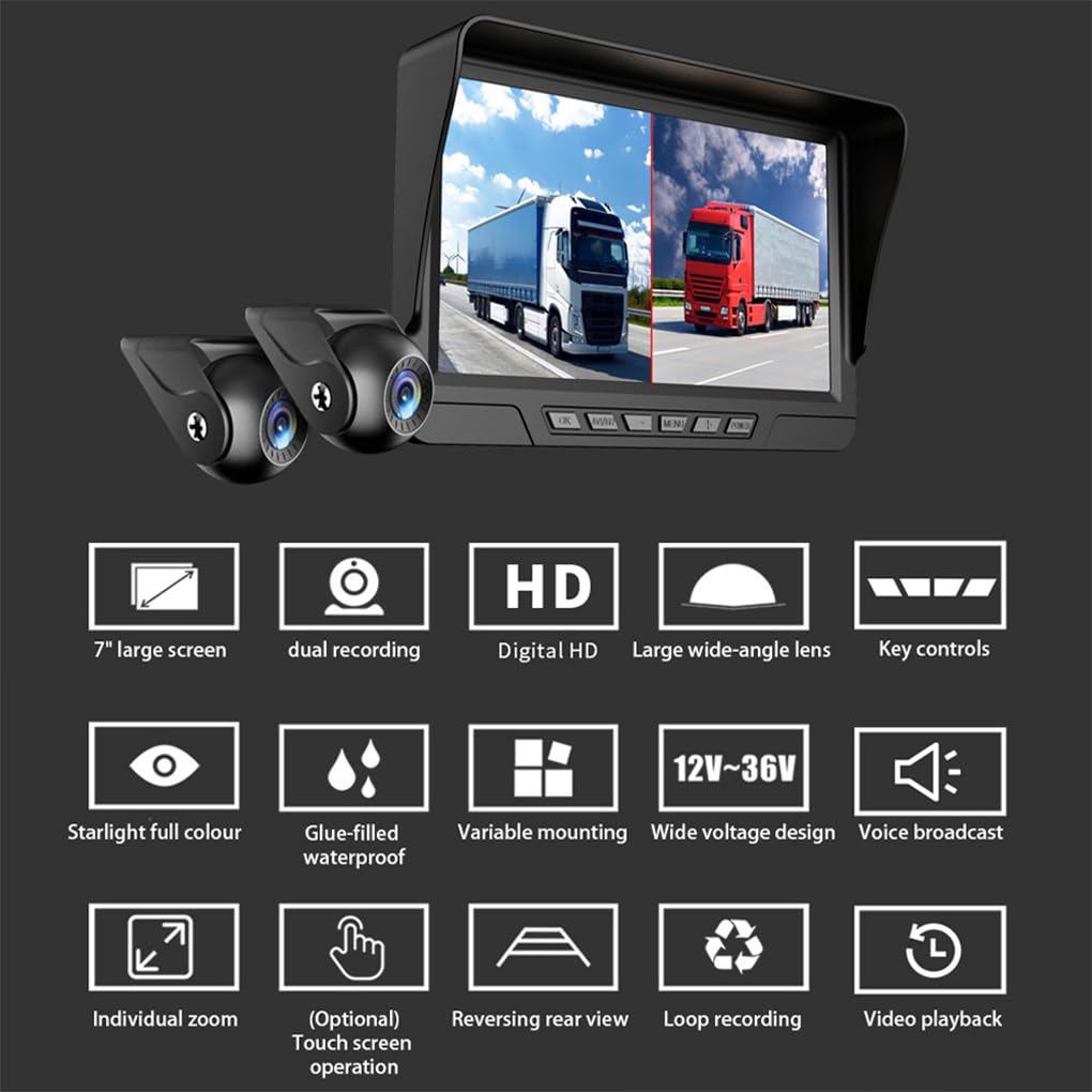 BSD Alarm 12-36V Schermo da 7 pollici Doppia Dash Cam Registratore | Registrazione in loop e registrazione HD Telecamera a colori per notturna per camion Rimorchi Camper