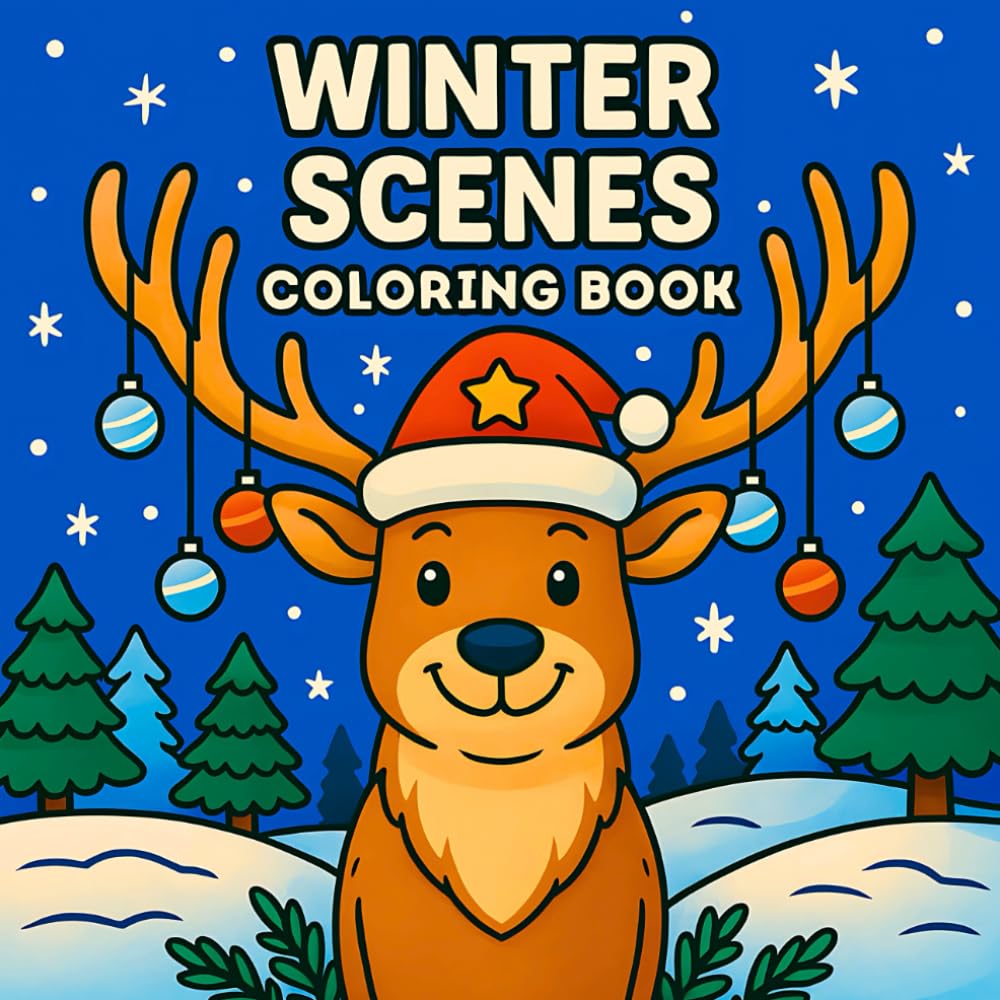 Winter Scenes Coloring Book: 40 Adorable and Cozy Winter and Christmas Designs with Reindeer, Cabins, Gnomes, Kids Playing, Snowy Landscapes and Holiday Decorations (Christmas Coloring)