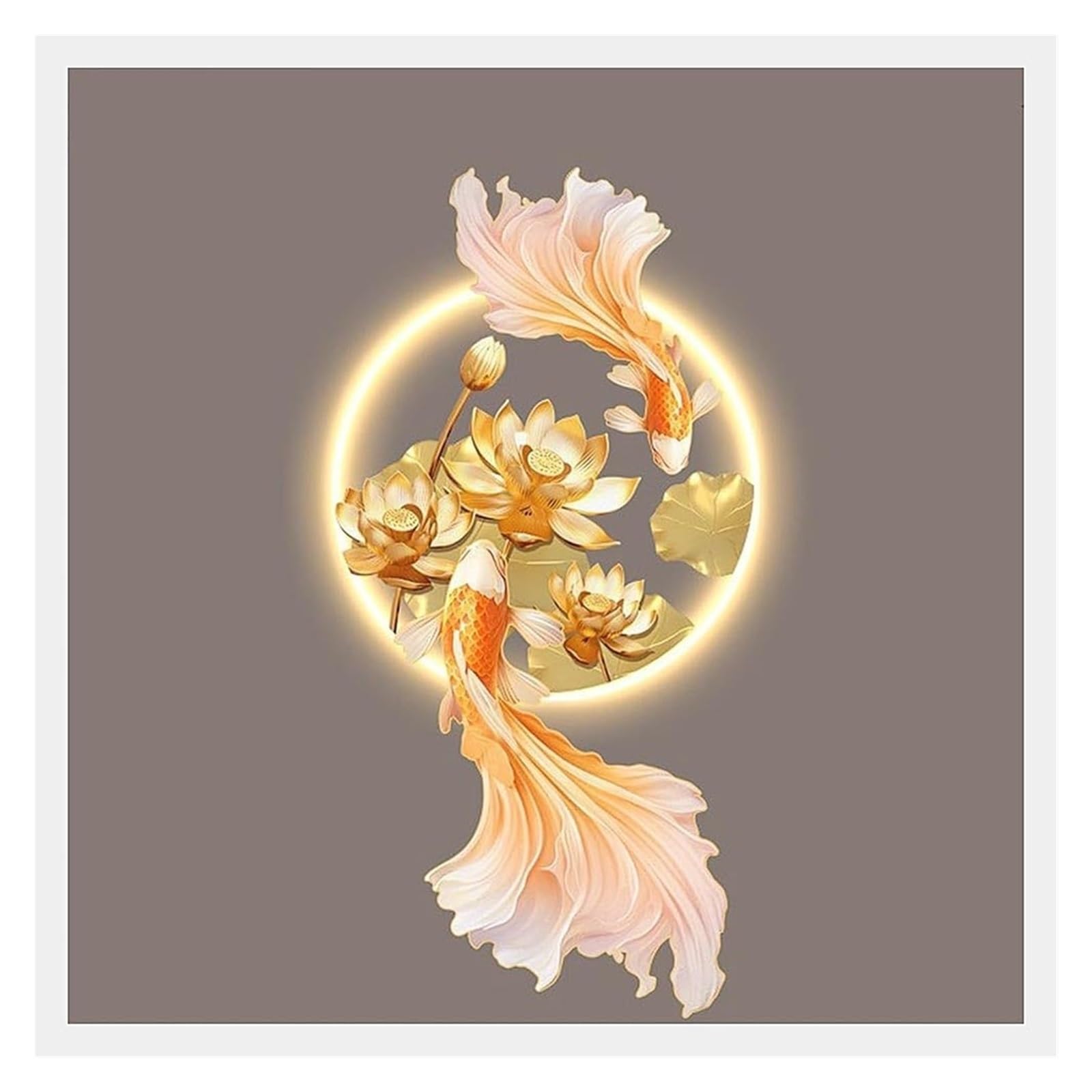 Granestner Chinese Style LED Wall Art Sculpture Painting with Remote Control, Luminous Lotus Koi Mural for Entrance and Corridor Decor