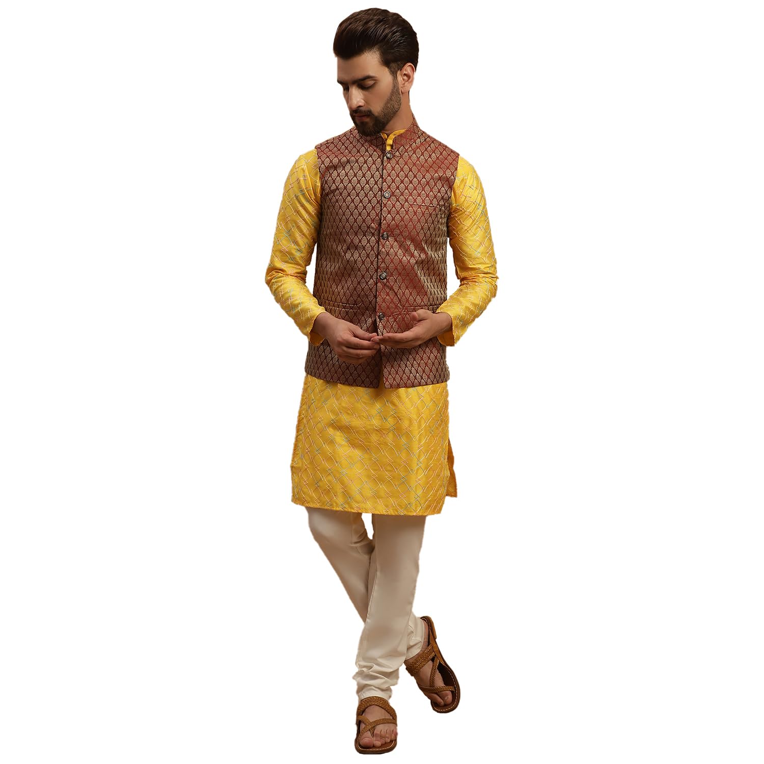 sojanya (Since 1958 Men's Silk Blend Mustard Kurta and Cream Pyjama with Maroon Silk Nehru Jacket-picture-29