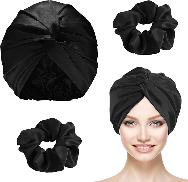 Silk Hair Wrap for Sleeping, Mulberry Silk Bonnet Double-Sided Sleep Cap Sleep Turban Hair Bonnet with 2 Pcs Hair Scrunchies for Curly Hair Women Silk Sleep Cap with Elastic Bow Stay On Head
