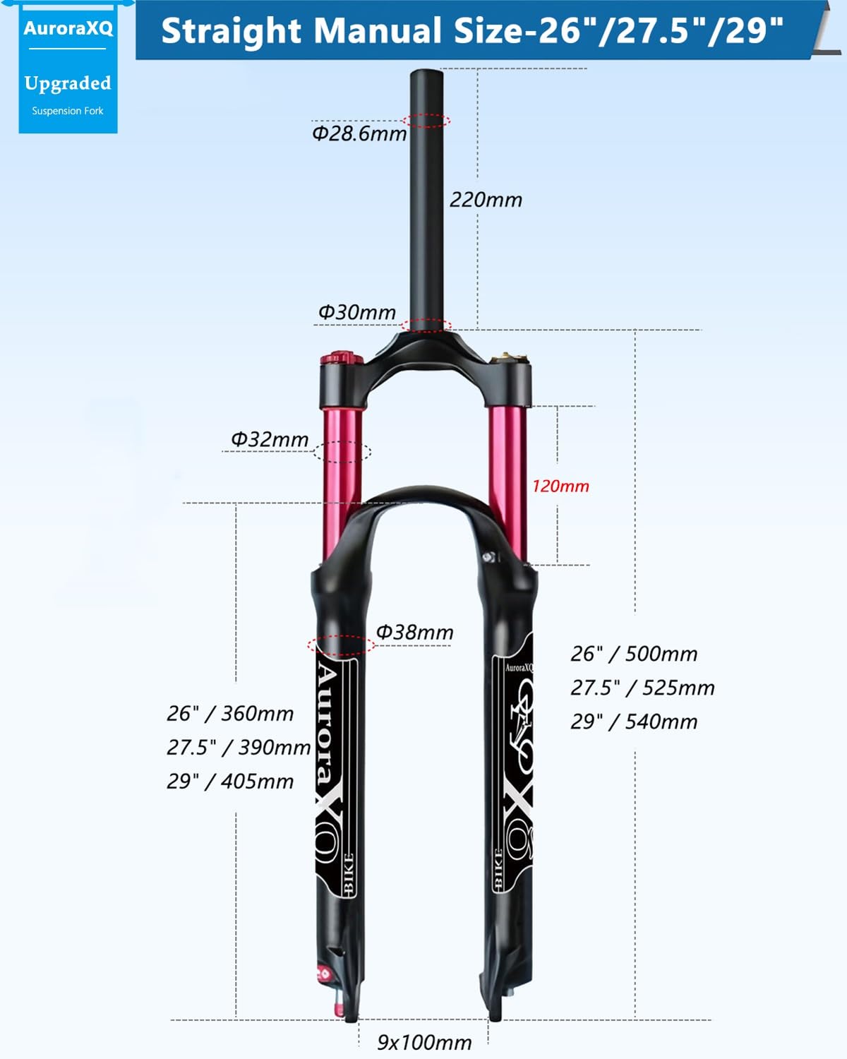 AuroraXQ Widel na Rowerze Górskim 26/27,5/29 Cali Stożkowy/Prosty, Podróż 140mm 1-1/8" Widełki Zawieszone MTB Stopu Aluminium dla Mountain, AM, XC(Straight Manual,27,5 cala)