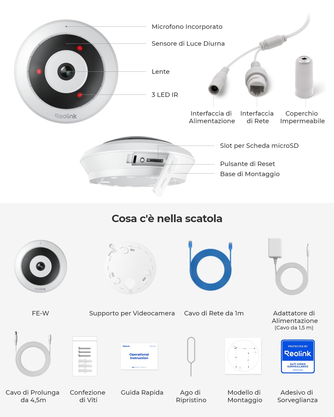 Reolink 2K+ Telecamera WiFi Interno con Panorama a 360°, Telecamera Fisheye | Wi-Fi 2.4/5GHz, Rilevamento Umano Intelligente, Audio a due vie, Visione notturna IR, Slot per Schede microSD, FE-W Bianco