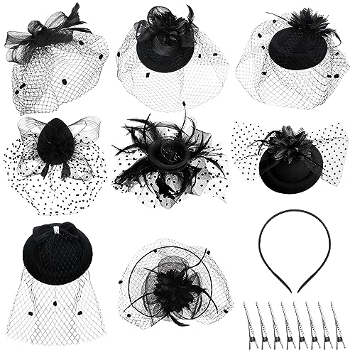 Geyoga 8 Pcs Fascinators Funeral Hats Pillbox Hat with Veil Feather Headband for Women Tea Party Church Halloween Costume(Black Classic Style)