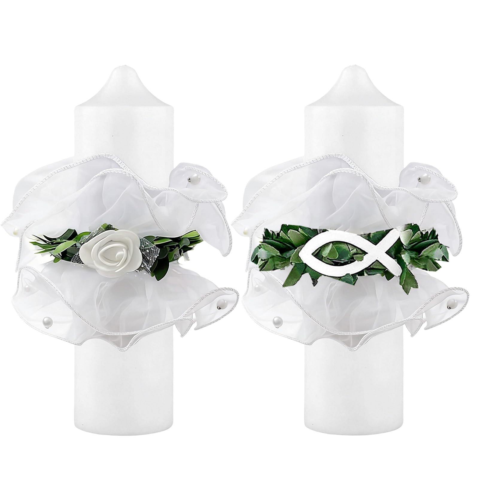 Dargkwn 2 velas antigoteo, para bautizo, comunión, gotas, falda de organza con decoración de peces, para bodas y bautizos, diámetro de 3-6 cm, color blanco