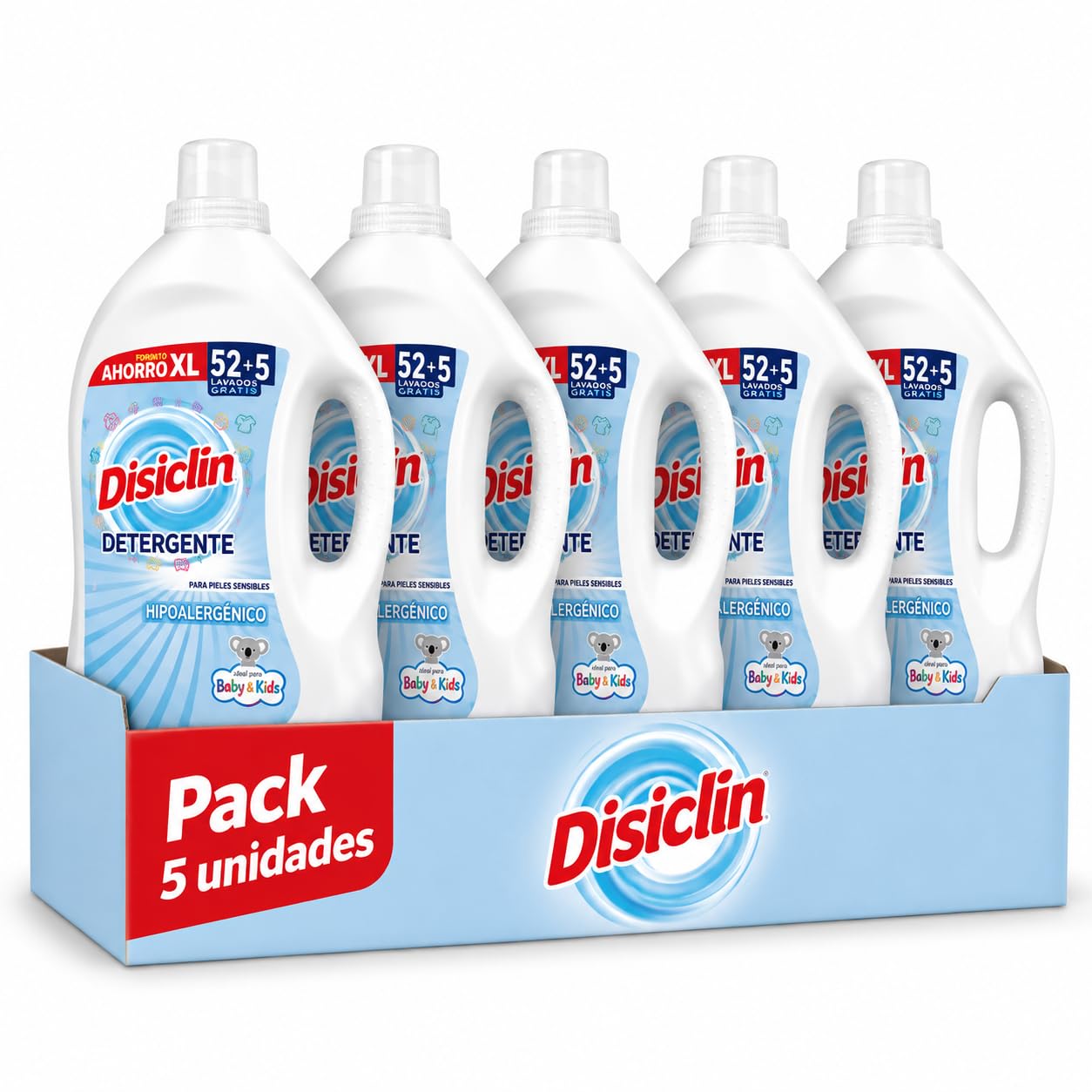 Disclin Detergente Liquido Hipoalergenico 52+5 Lavados | Ideal pieles sensibles | Limpieza Profunda y Frescor Duradero | Apto para Ropa Blanca y de Color | Pack 5 Unidades | Rasmacor