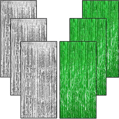Image of TOYXE 6 Pieces Foil Fringe Tinsel Party Curtains for Photo Backdrop (GREEN-SILVER) | Fringe Curtains for Decoration | Foil Curtains for Birthday Decoration, Anniversary, Bachelorette, Baby Shower