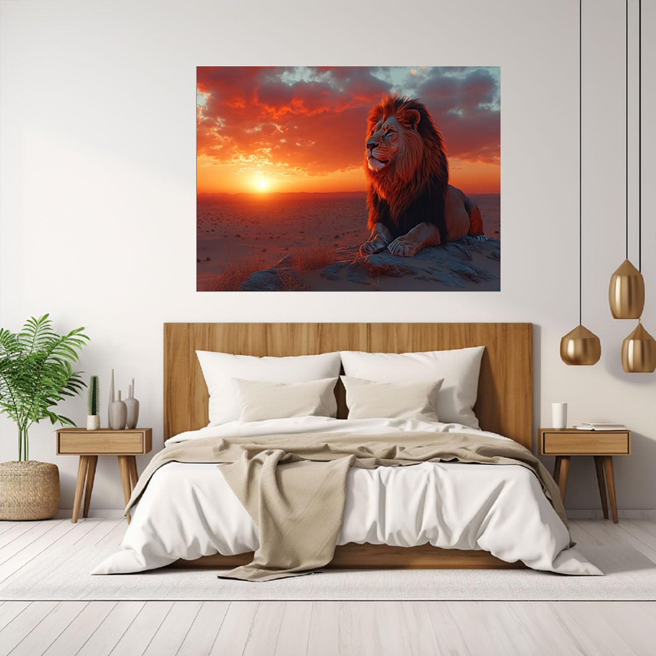 WIKEO Tableau décoratif animal Lion de la forêt Oeuvre Impression sur toile - Décoration murale - Afrique lac nature paysage coucher de soleil animaux(rouge)-40x60cm Encadrée