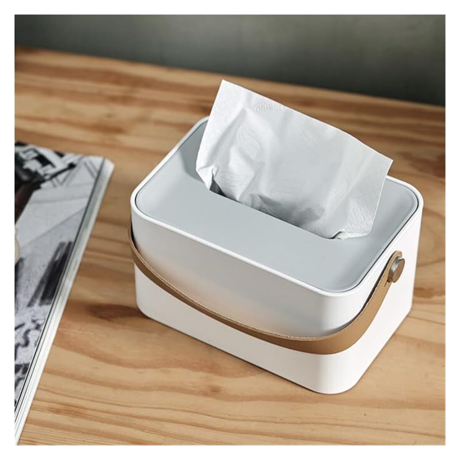 Tissue Vessel Prostokątny okrągły uchwyt na chusteczki higieniczne, nowoczesna osłona z tworzywa sztucznego ze skórzanymi uchwytami, serwetka do twarzy Obowiązkowa pozycja do pokoju gościnnego (D)