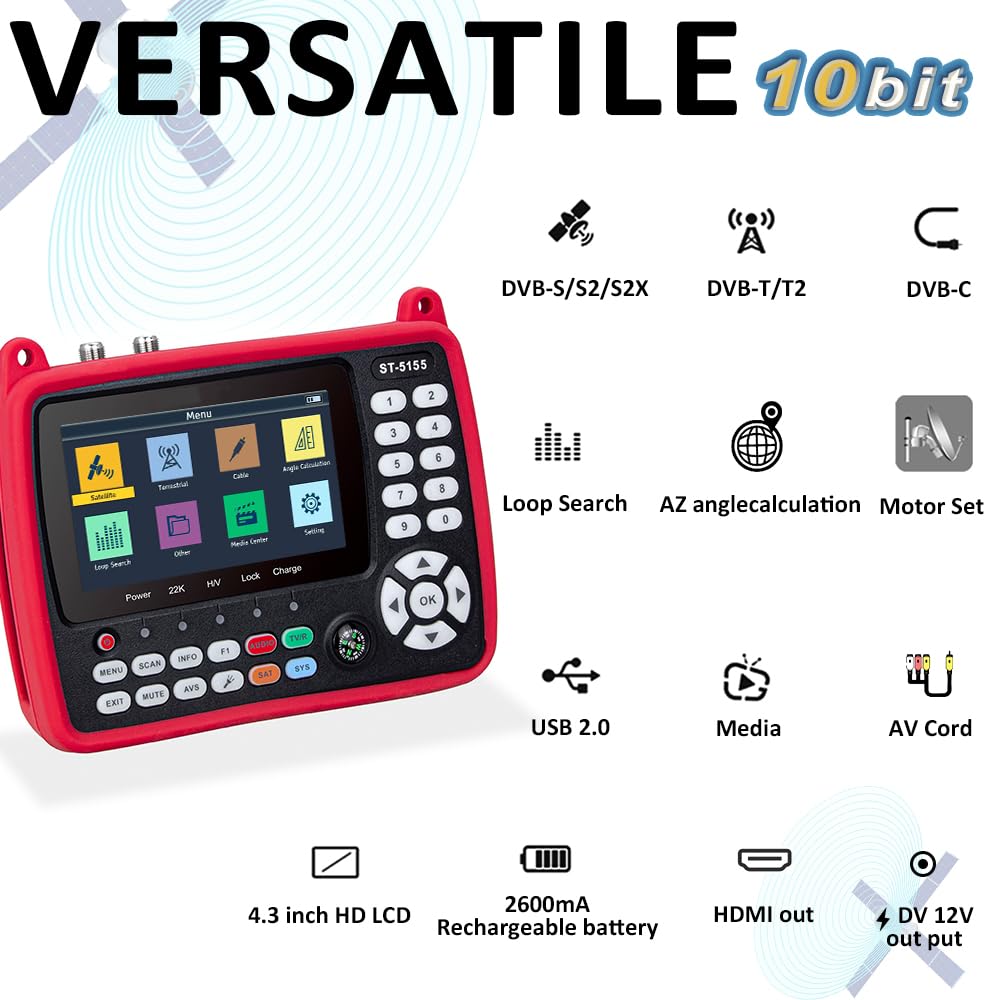 ST-5155 Pointeur Satellite DVB-S2/S/S2X/T2/T/C Combo, Détecteur de Signal TV par Satellite H.264/265 10bit, Recepteur Satellite avec Unicable/Scr/Dcss