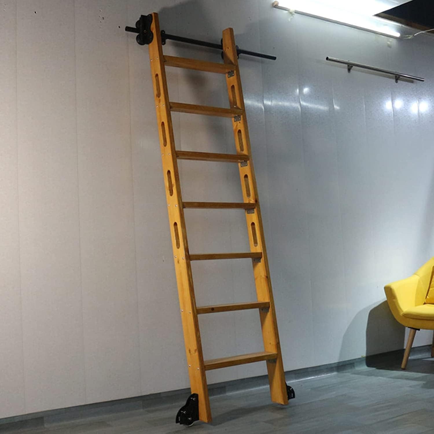 QYMYOZ Rolling Ladder Hardware Library Round Tube Sliding Library Hardware Rolling Hardware Rail Kit,With Floor Roller Wheels Extension Track,16ft/500cm Track kit