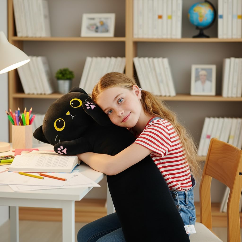 Long Cat Plush, Soft Black Cat Pillow Cute Stuffed Animal Toy Hugging Pillow Birthday for Kids Adults (110cm/43.31inch)