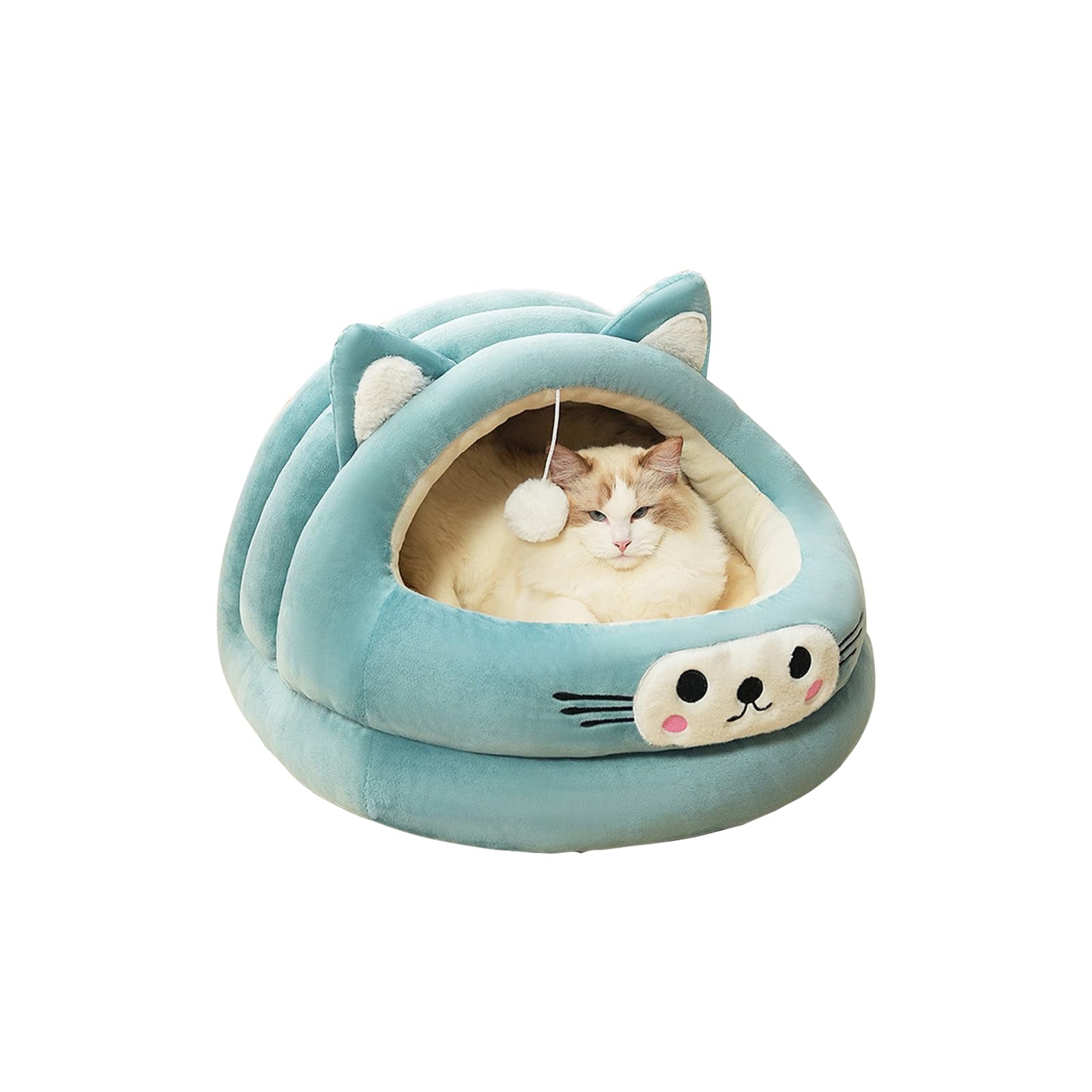 Galatée Cat Cave & Dog Bed, Warm Cartoon House, Hanging Ball, Super Soft Calming Pet Sofa, Plush Cat & Dog Tent (L, Green)