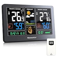 Estación meteorológica inalámbrica Newentor para interior y exterior, termómetro digital con pantalla de color, reloj atómico, presión barométrica, estación de pronóstico con retroiluminación ajustable, negro
