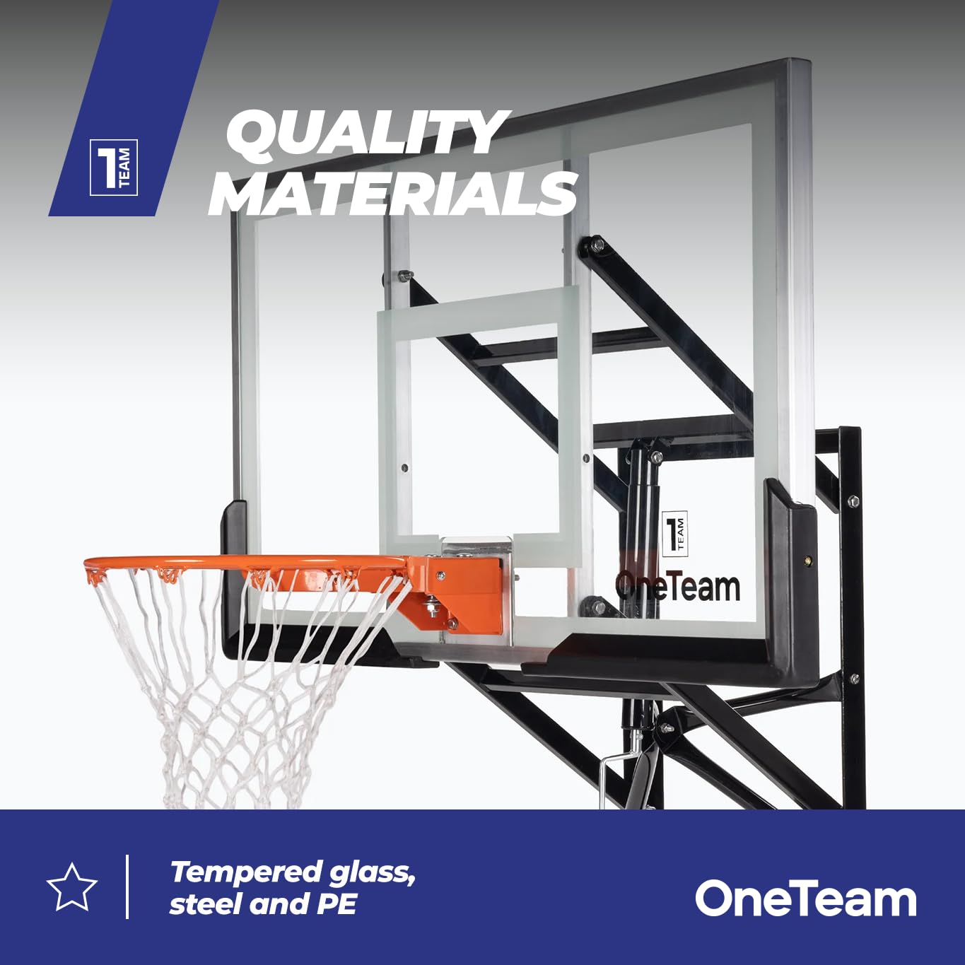 OneTeam Basketball Backboard Größe 180 x 105 cm Farbe Schwarz Höhenverstellbares Backboard mit Nylonnetz und Stahlkorb 45 cm Langlebige Materialien Konstruktion