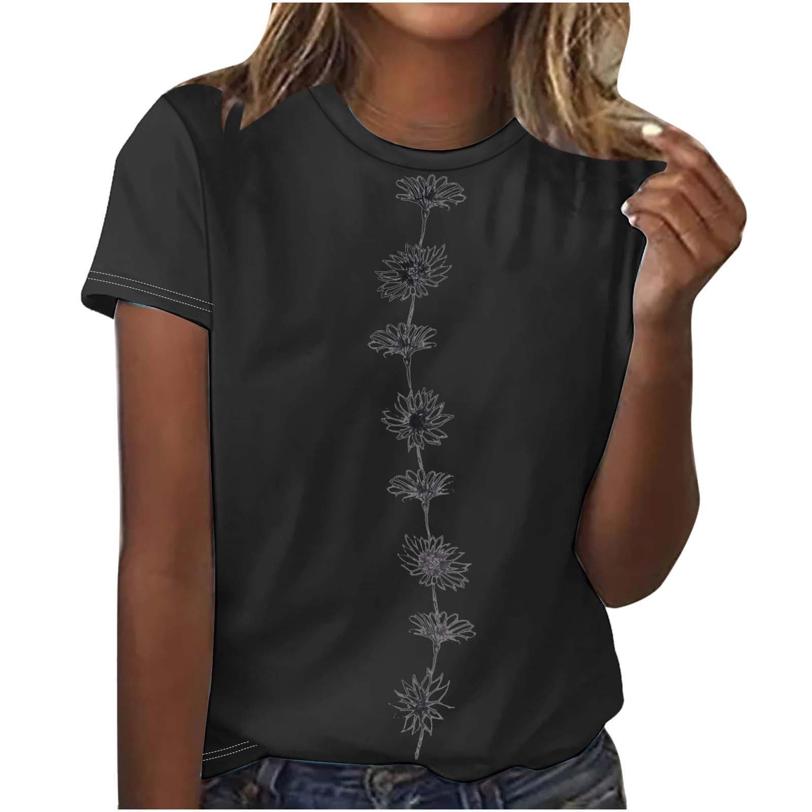 Camiseta de Manga Corta Mujer 2024 Moda Casual Estampado Floral Margarita Cuello Redondo Suelto Tumblr Tops Fiesta T-Shirt Camisa Original Verano Algodón Cómodo Basic tee Playa