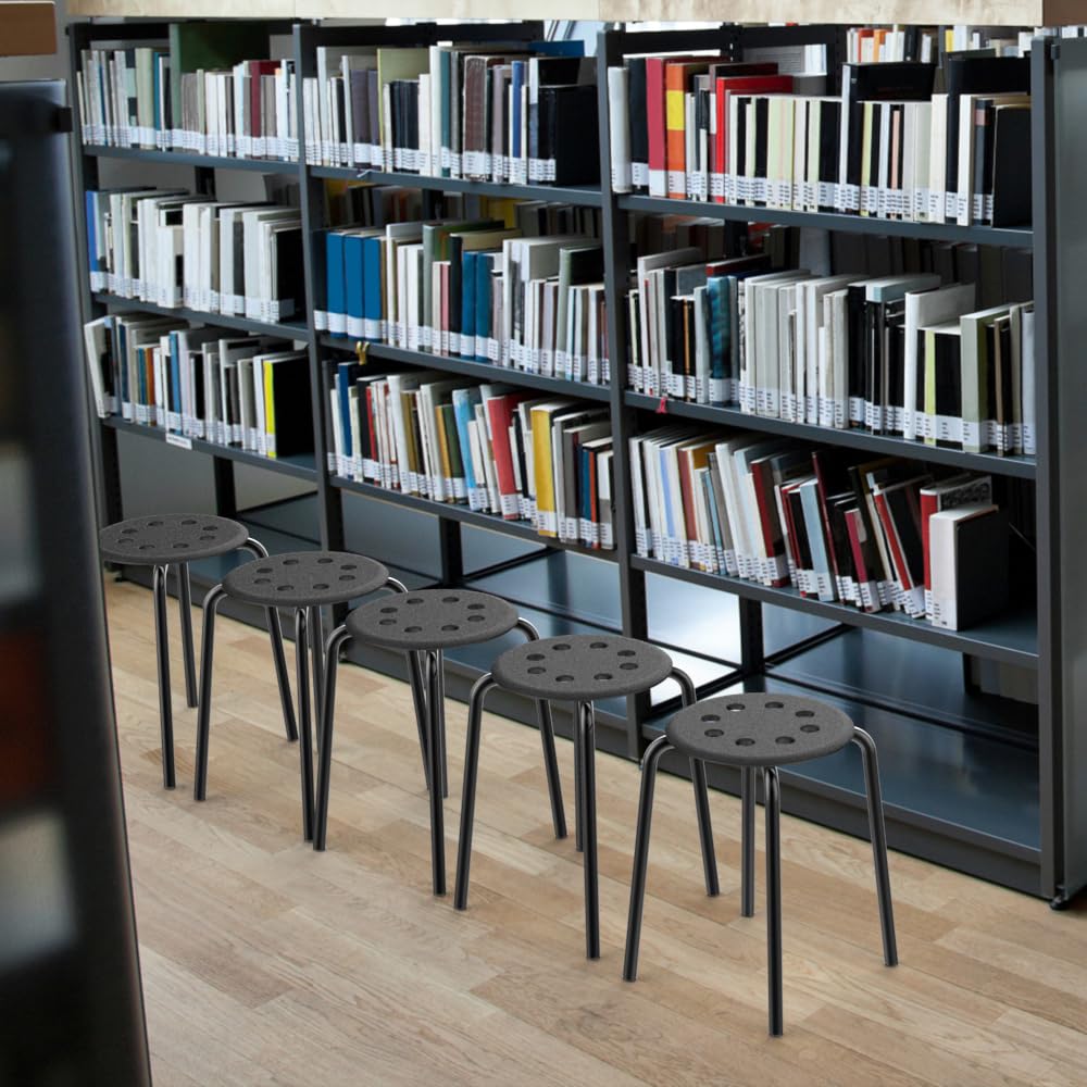 Set Of 5 Black Stackable Plastic Stools - 17.3" Height, Round Seat, Metal Legs, 265 Lb Capacity