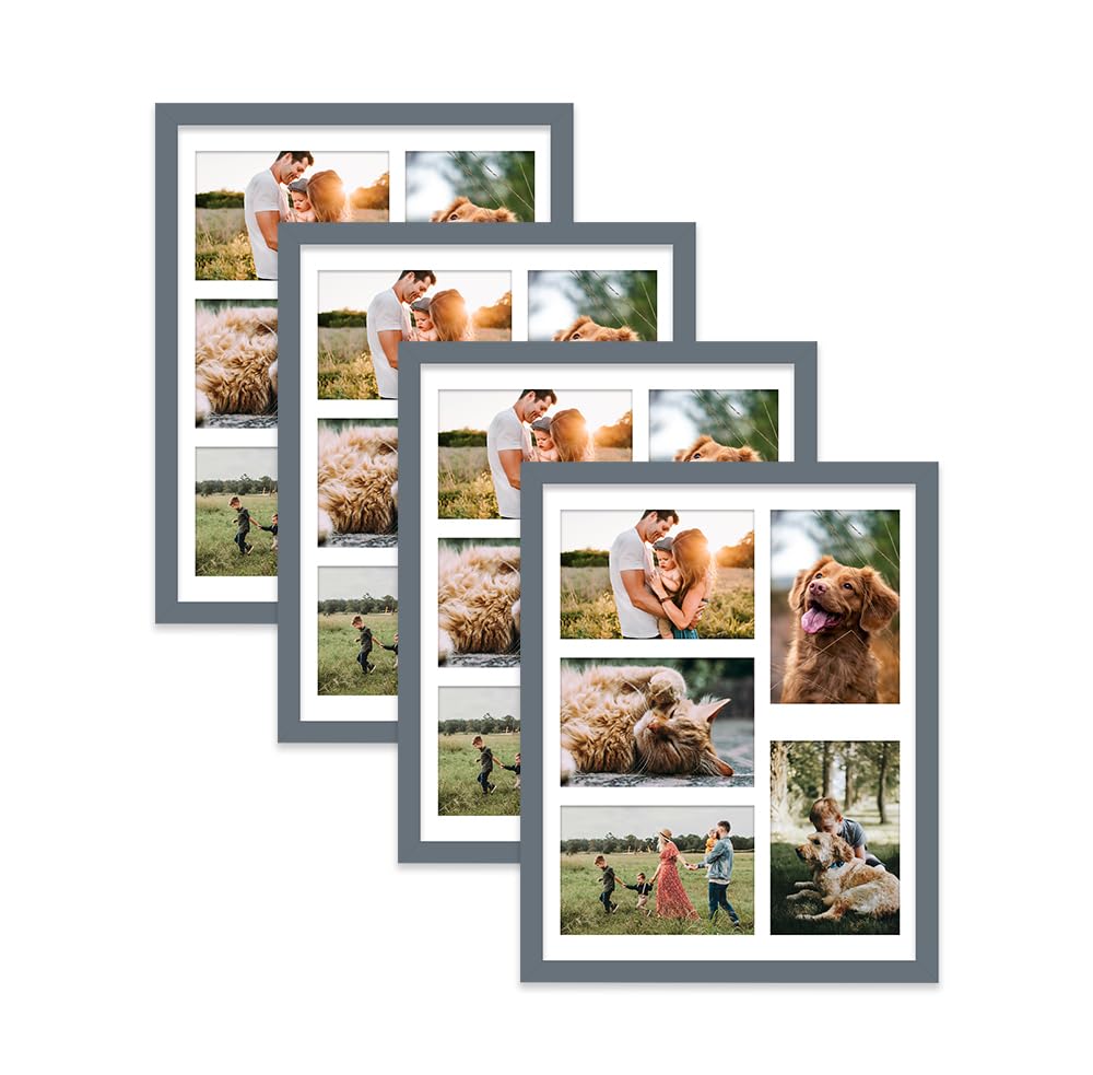 Grey Multi Photo Frame - Holds 5 x 6x4 Pictures, Family Collage Picture Frame for Wall Display, 14x11 Frame size, Set of 4