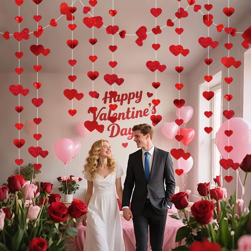 Image of Red Heart Garland Hanging Sparkling Love Streamer Glitter Bunting Banner Twinkle Heart Backdrop for Wedding Engagement Valentines Galentines Birthday Party Decor 40 Feet