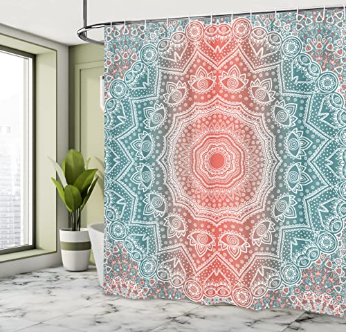 Ambesonne SC_25610 Coral And Teal Shower Curtain, Modern Tribal Mandala Tibetan Healing Motif With Floral Geometric Ombre Art, Cloth Fabric Bathroom Decor Set thumb #3