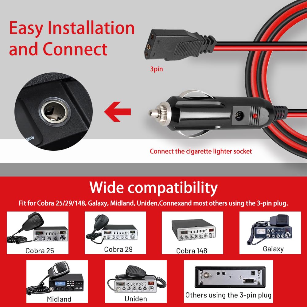 Kabel zasilający radiowy CB z wtyczką do zapalniczki, 3-pinowy 2-żyłowy kabel z bezpiecznikiem, wytrzymały drut miedziany 16AWG, 150 cm, kompatybilny z Cobra Galaxy Midland - akcesoria radiowe CB