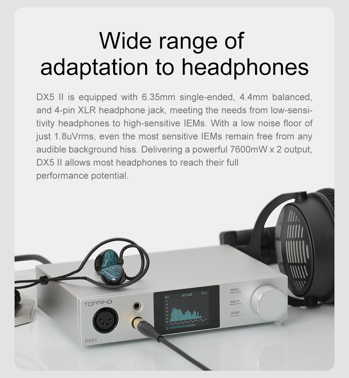 Topping DX5 II DAC Kopfhörerverstärker mit Bluetooth 5.1, DAC-Chip ES9039Q2M, X-Hybrid-Verstärkung, 10-Band-Equalizer und symmetrische Ausgänge, USB, XMOS, hohe Auflösung, RC, Schwarz
