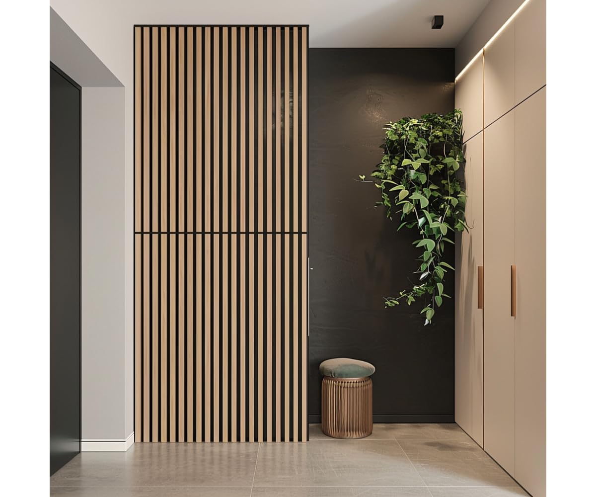 Zestaw 4 Sztuk Akustycznych Paneli Ściennych Na Czarnym Filcu 30x132 cm Czarny Mat 3D Panele Dekoracyjne Wykończenie MDF W Okleinie Drewnopodobnej I Filc Akustyczny
