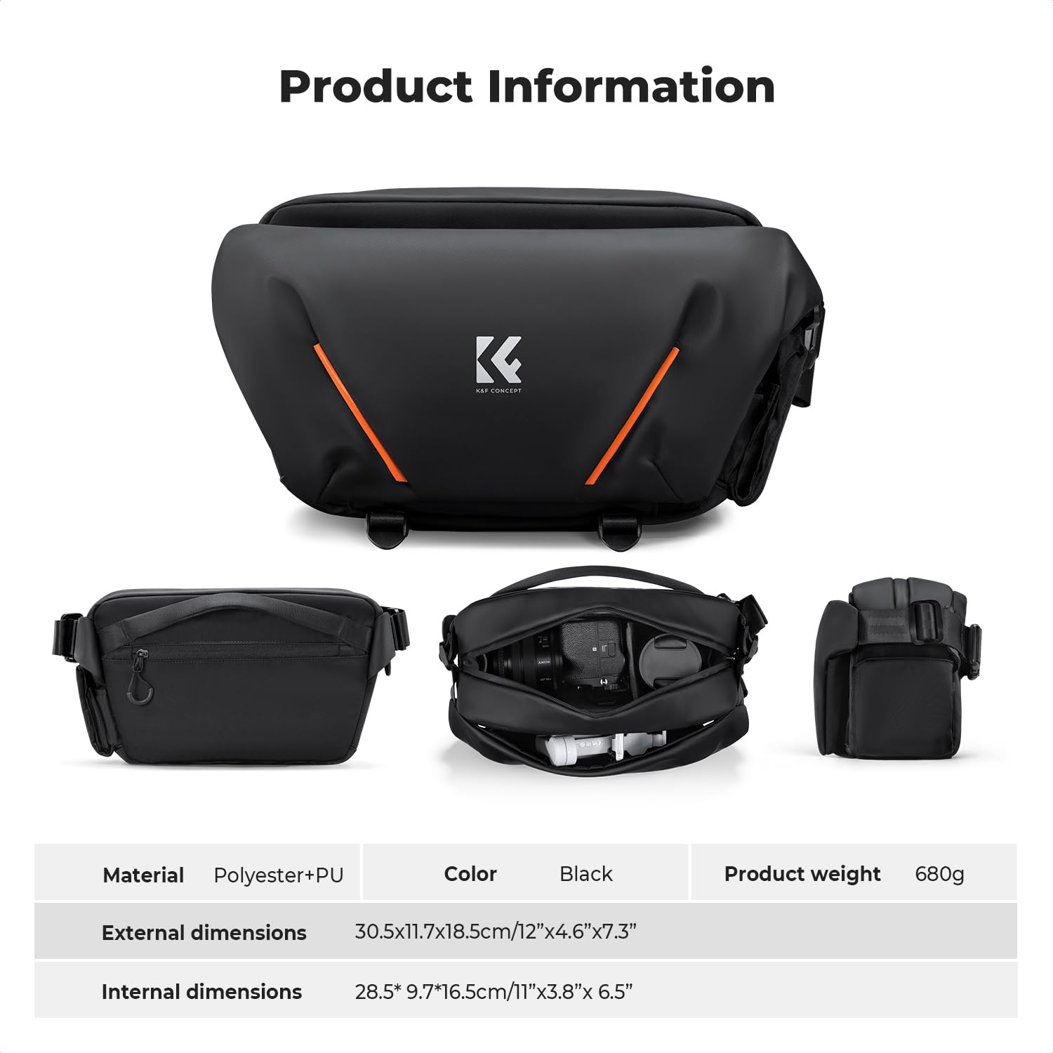 K&F CONCEPT Bolsa Bandolera para Cámara de 7 L, Ligera para Cámaras Mirrorless o DSLR, Bolsa con Bolsillo Lateral Plegable y Acceso Rápido, Divisor Ajustable, Equipo para Fotógrafos, Negro