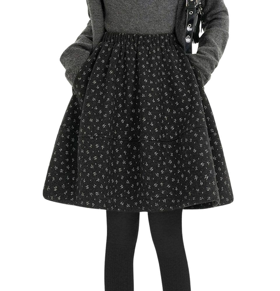 chouyatou Womens Wool Floral Pattern A Line Midi Skirt Elastic Waist Knee Length Wool Short Skirt with Pockets