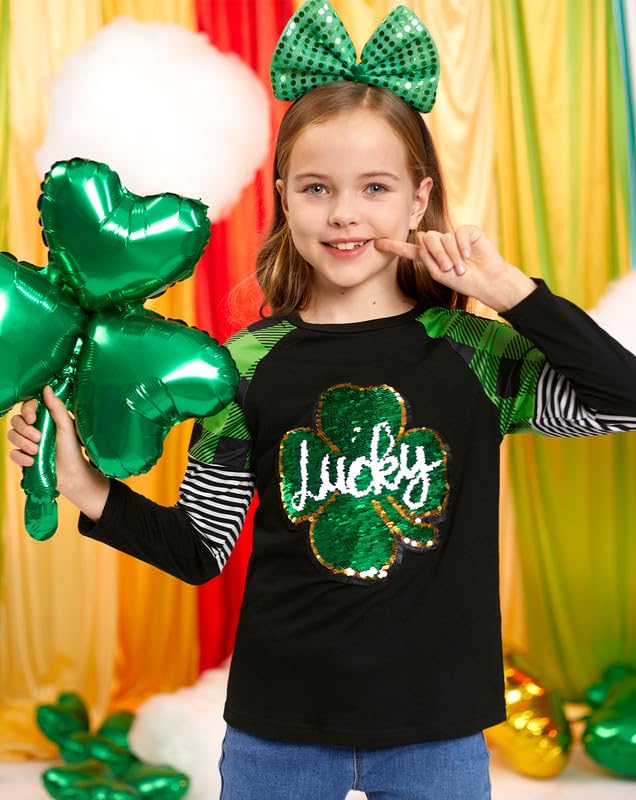Image of BesserBay Girls St Patrick's Day Raglan Shirt Irish Sequin Lucky Stripe Shamrock Graphic Top 4-14 Years