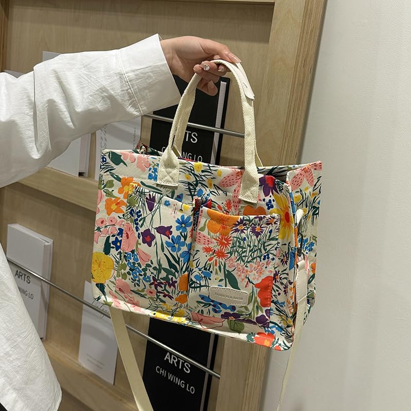 Image of Cherry Tote Bag for Women Canvas Patched Purse Cute Shoulder Bag Multi-Pocket Satchel Handbag for work travel