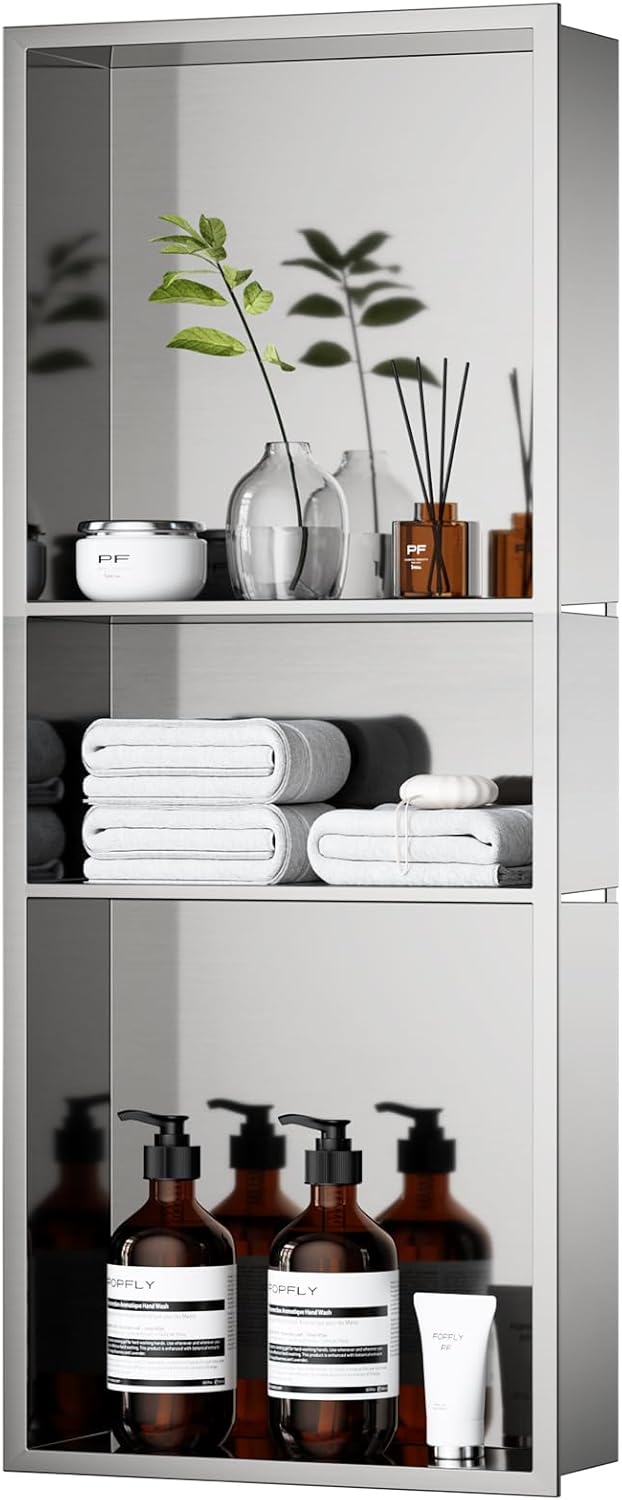 POPFLY No Drill Brushed Shower Niche 12″x30″, Stainless Steel Recessed 3-Layer Shelf – No Tile Needed Waterproof Bathroom Wall Niche Storage Organizer