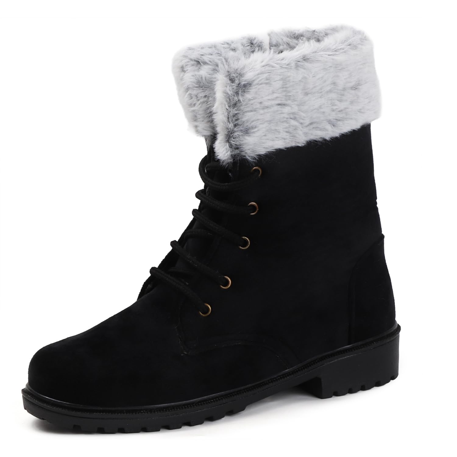 Women's Black Winter Boots with Faux Fur & Lace-Up Design Cozy & Stylish Cold Weather Footwear