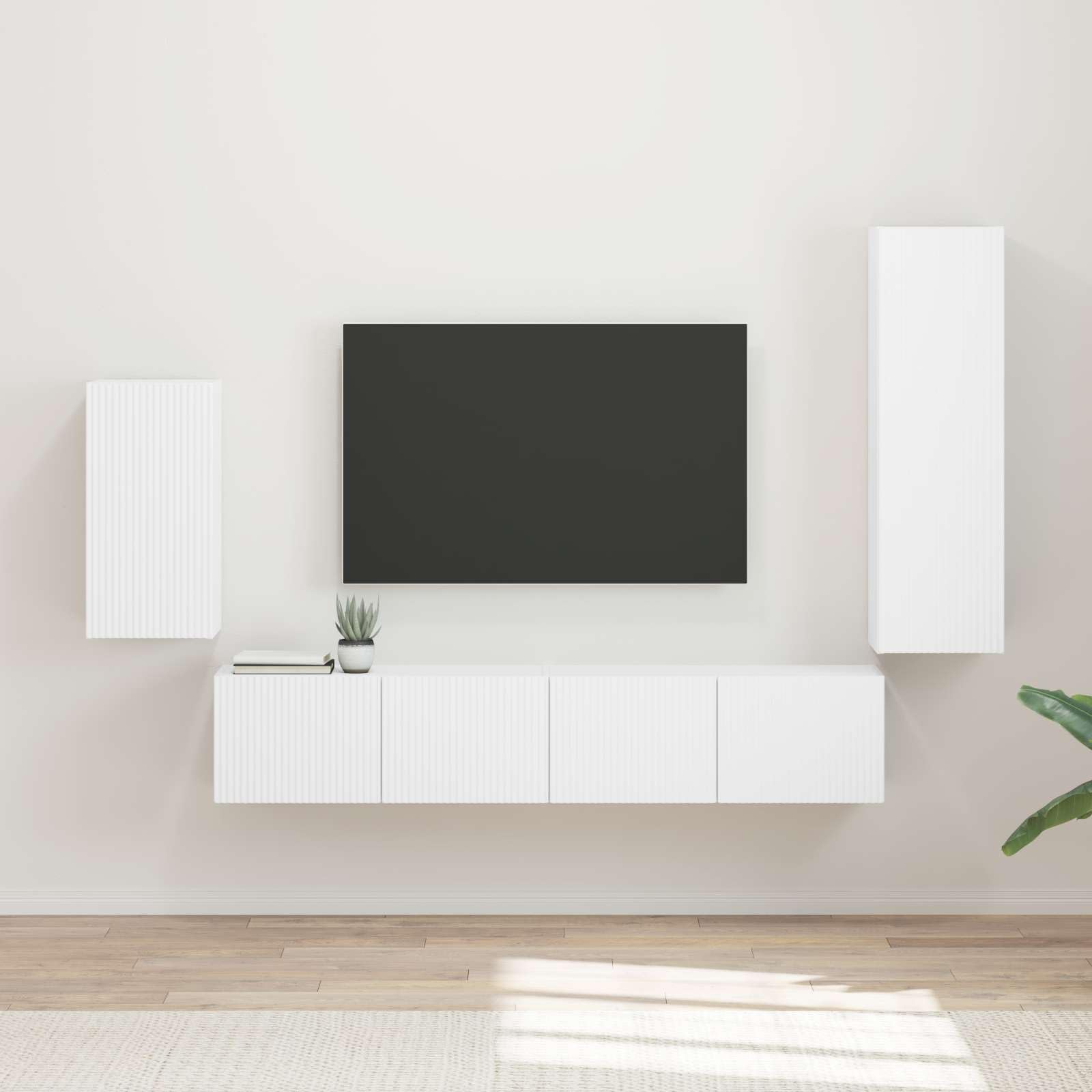 Set di mobili per TV, montaggio a parete, 4 pezzi, bianco, in legno