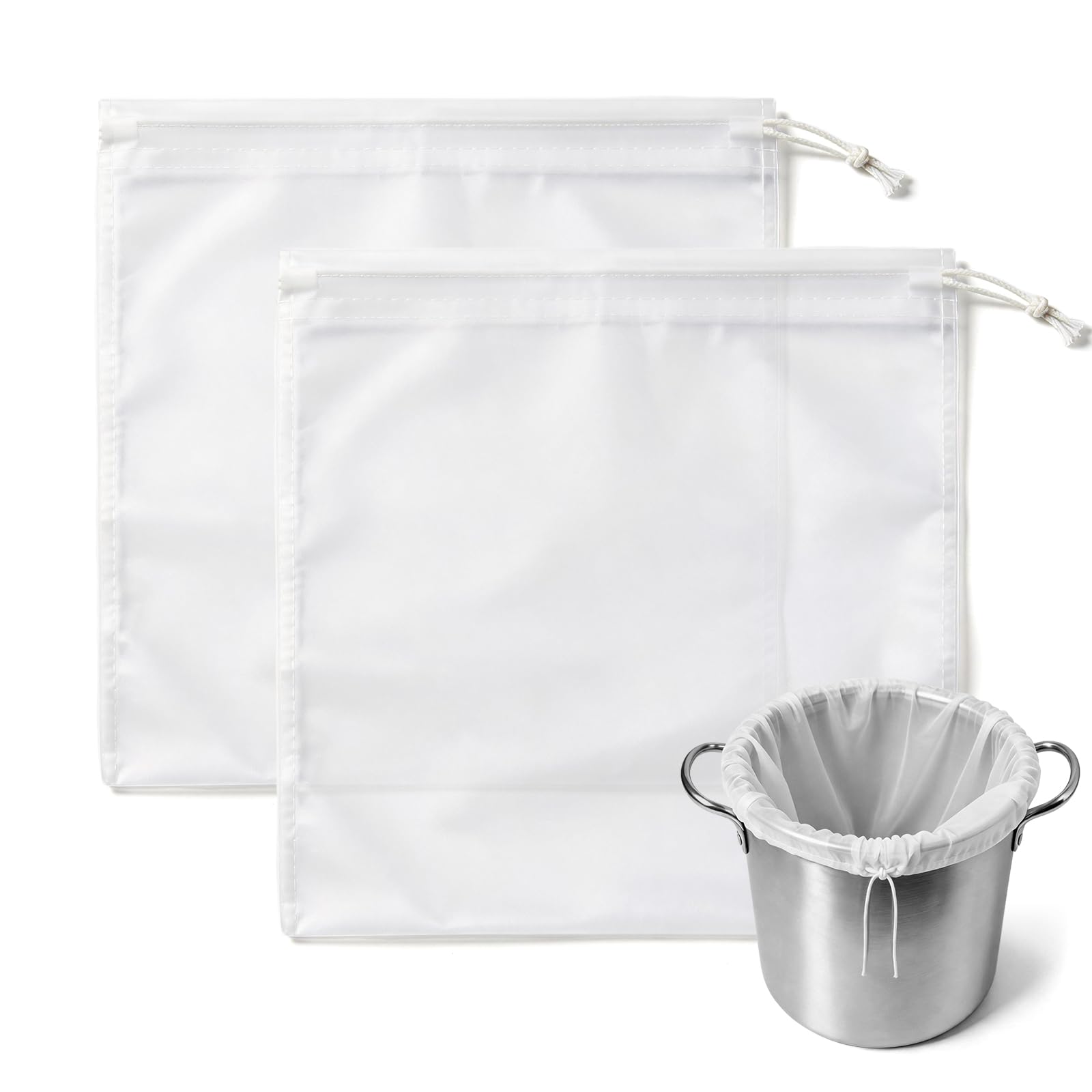 2PCS 150 Micron Fine Mesh Straining Bag 60 x 60CM, Reusable Drawstring Brew Bag for Jam Making, Wine, Nut Milk, Jelly Bag, Straining Cloth