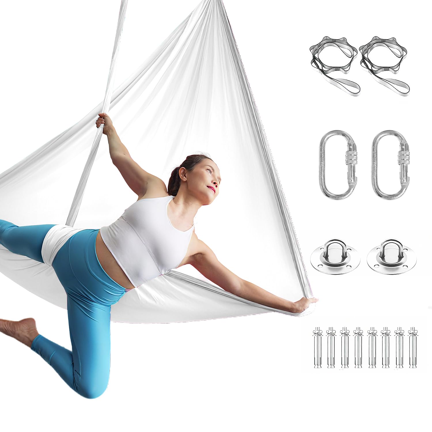 yogatuch Professionell set - 500x200cm Atmungsaktives Tuch für Yoga in der Luft, Yoga Swing, Anti-Rutsch, Hohe Tragfähigkeit (bis 300kg) - Inkl. Karabiner & Aufbewahrungstasche