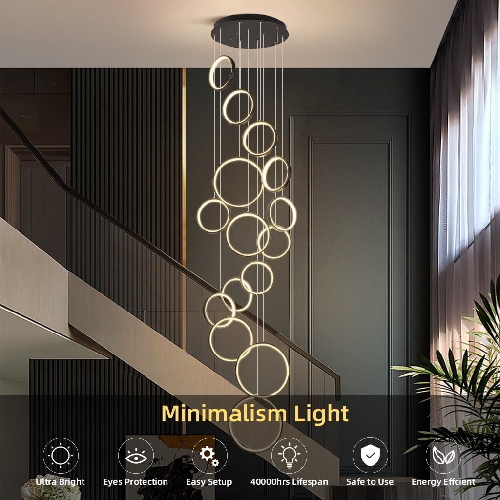 Modern LED Hängelampe Dimmbar Ringe Pendelleuchte Wohnzimmerlamp Aluminium Treppe Hängeleuchte Xuanguan Schlafzimmer Esszimmer Küchenlampe Höhenverstellbar Lampen(9-Ring)