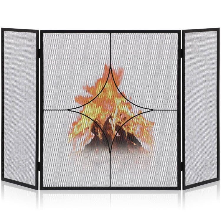 FEED GARDEN 3 Panel Fireplace Screen 48" W x 27.5" H Modern Foldable with Wrought Metal Decorative Mesh,Arch Heavy Duty Fire Spark Guard Cover for Home Decor Indoor, Black
