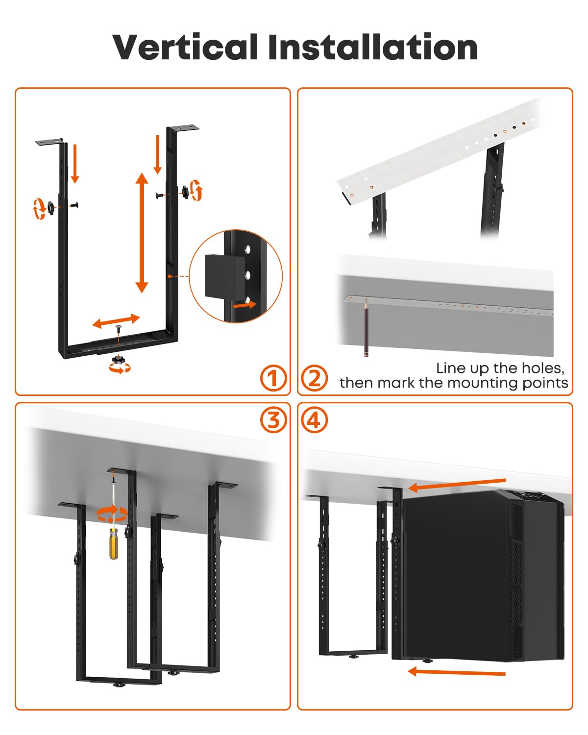 PUTORSEN Soporte de PC para debajo del escritorio para cajas de torre completa/media, soporte vertical u horizontal de CPU de hasta 75 libras, estante de computadora que ahorra espacio para ATX