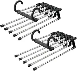 Kit com 2 Cabides de Metal Inoxidável para Pendurar Calças, 5 Espaços Horizontal Vertical Cabide Multifuncional Dobrável Inox Calça 5 Divisórias Organizador Cabide Calças Multiuso Cabideiro