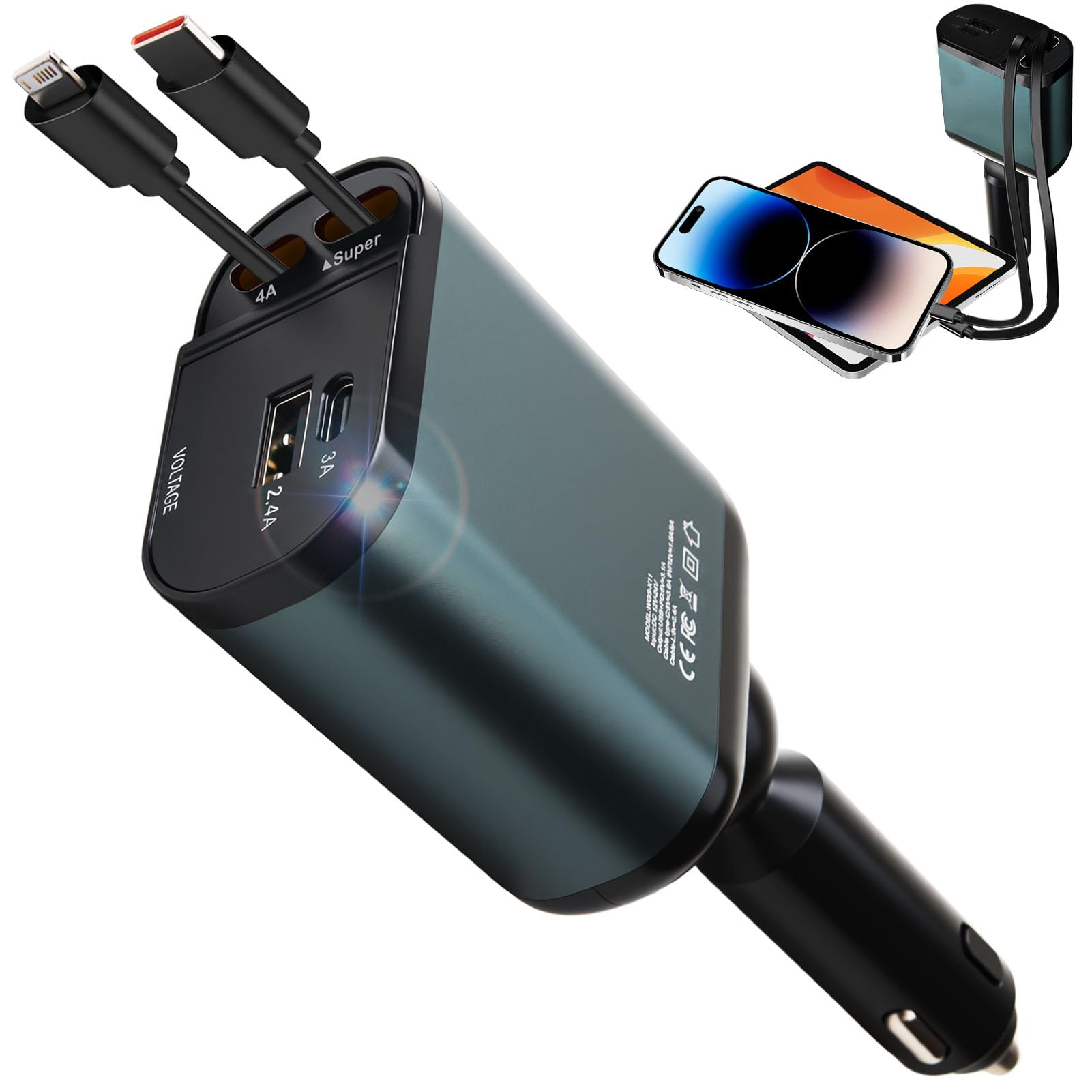 Caricatore Auto USB C 120W Retrattile PD 3.0 con 4 Porte – Caricabatterie Auto per i-Phone 16/15 Pro Max, Galaxy S25, i-Pad, Accessori Auto e Viaggio, Caricamento Rapido e Sicuro, Accendisigari 12V