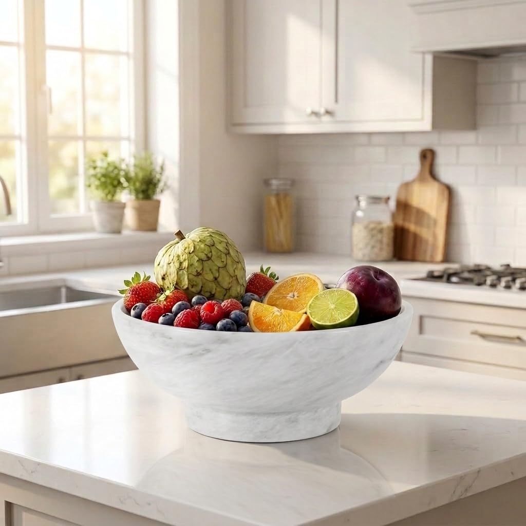 MARBLE RANGE Frutero blanco de piedra hecha a mano de 10 pulgadas para encimera de cocina, mesa de comedor y decoración del hogar | Bandeja decorativa para servir frutas, aperitivos y organizador de