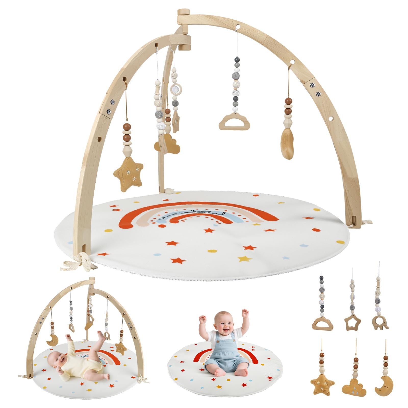 Spielbogen Baby Aus Holz,Geschenke Für Neugeborene,Babyparty Geschenk | Mit 6 Abnehmbaren Spielzeugen Zum Greifen,Spieldecke Baby Mit Bogen,Baby Spieldecke Für 0-18 Monate