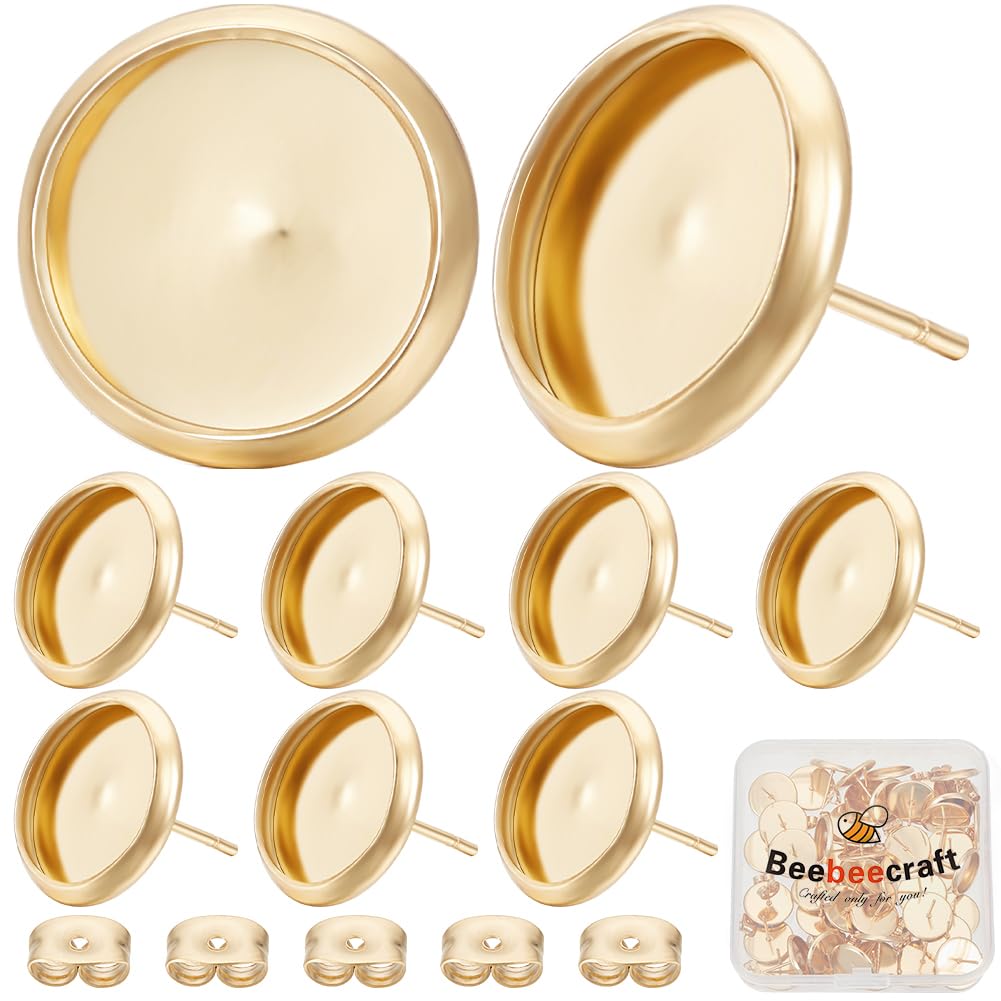 Beebeecraft 20Pcs Cabochon Stud Earrings 12mm with 20Pcs Ear Nuts 18K Gold Plated 304 Stainless Steel Flat Round Cup Blank Bezel Stud Earrings for Jewellery Making Diy Findings โ image 1