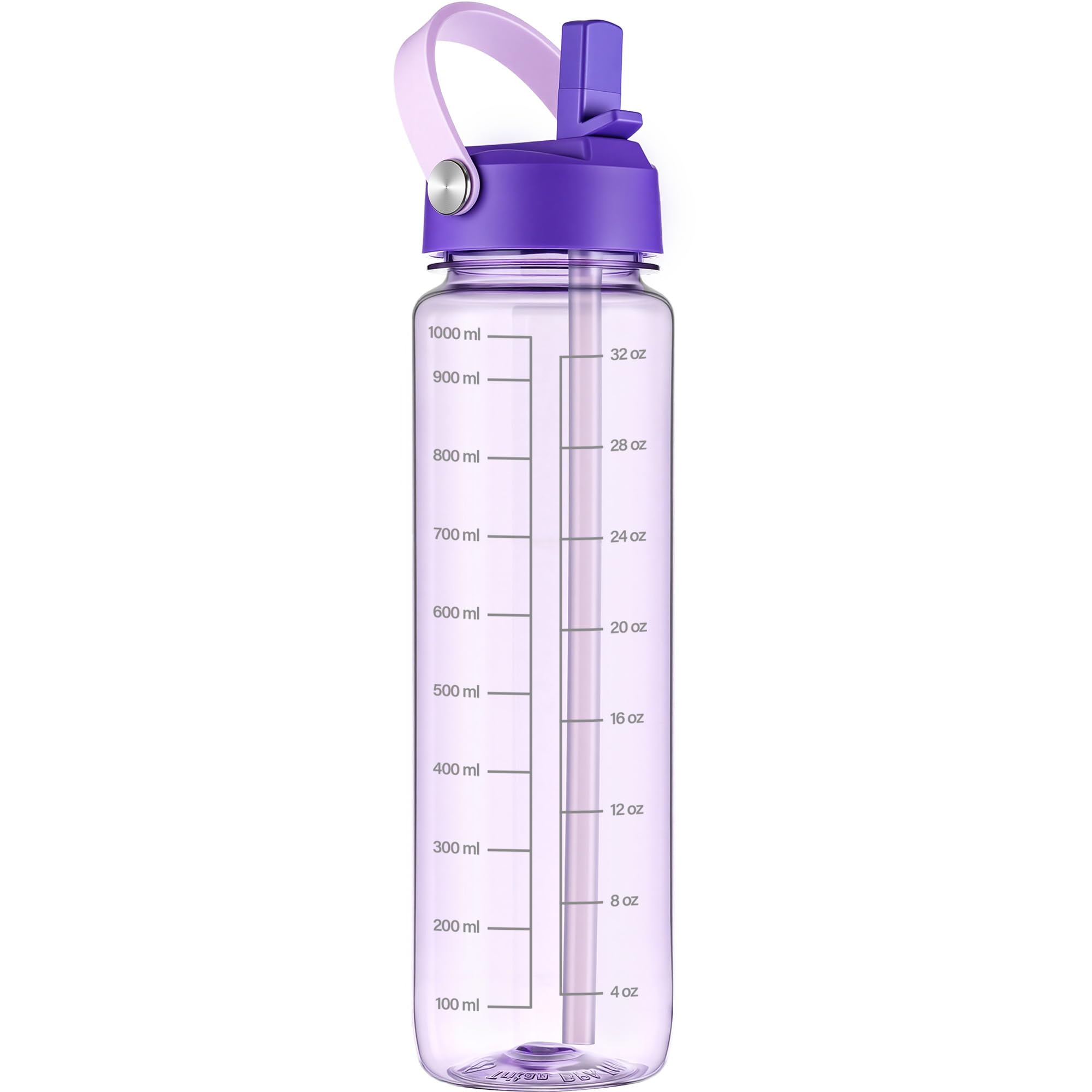 GOPPUS 1000ml/32oz Clear Water Bottle with Straw, Tritan Leakproof Sports Drinking Bottle, BPA Free Wide Mouth Gym Bottle with Handle and Measurement Marks for School, Gym, Travel (Purple)