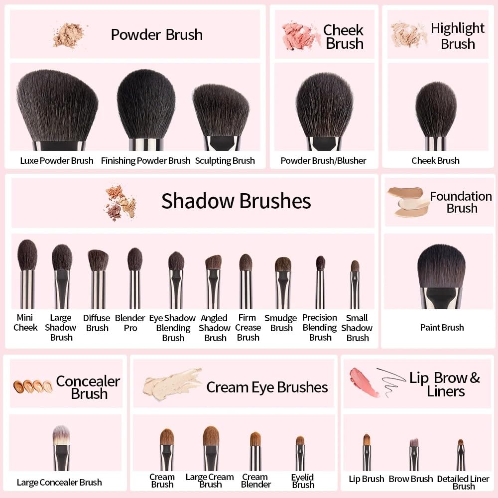 Natürliches Make-up-Pinsel-Set, Lidschatten, Make-up-Pinsel, Ziegenhaar, Kit für Make-up, Nabor Kistey Blending Pinceaux Maquillage (24 Stück in Beutel)
