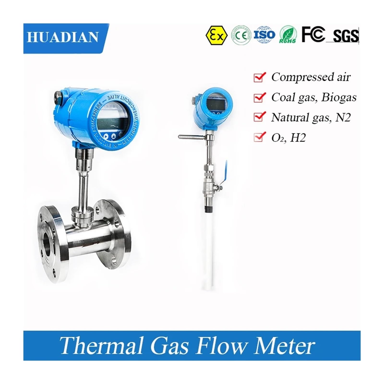 Przepływomierz, DN50-DN500 Typ wkładania O2 H2 CH4 Gaz ziemny Sprężone powietrze 4-20mA RS485 Biogaz LPG Miernik przepływu gazu cieplarnianego(125mm Insertion type)